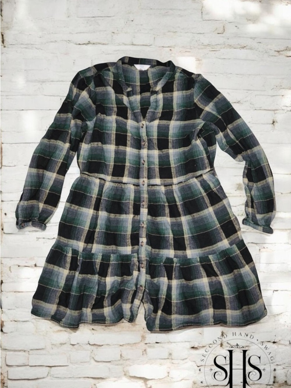 Time and Tru Green Plaid Button-Front Midi Dress